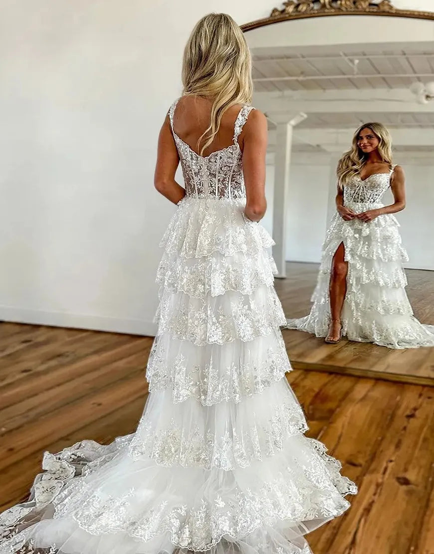 Wholesale Charming A-Line Sweep Train Long Tiered Prom Dress With Split long prom dresses with sleeves